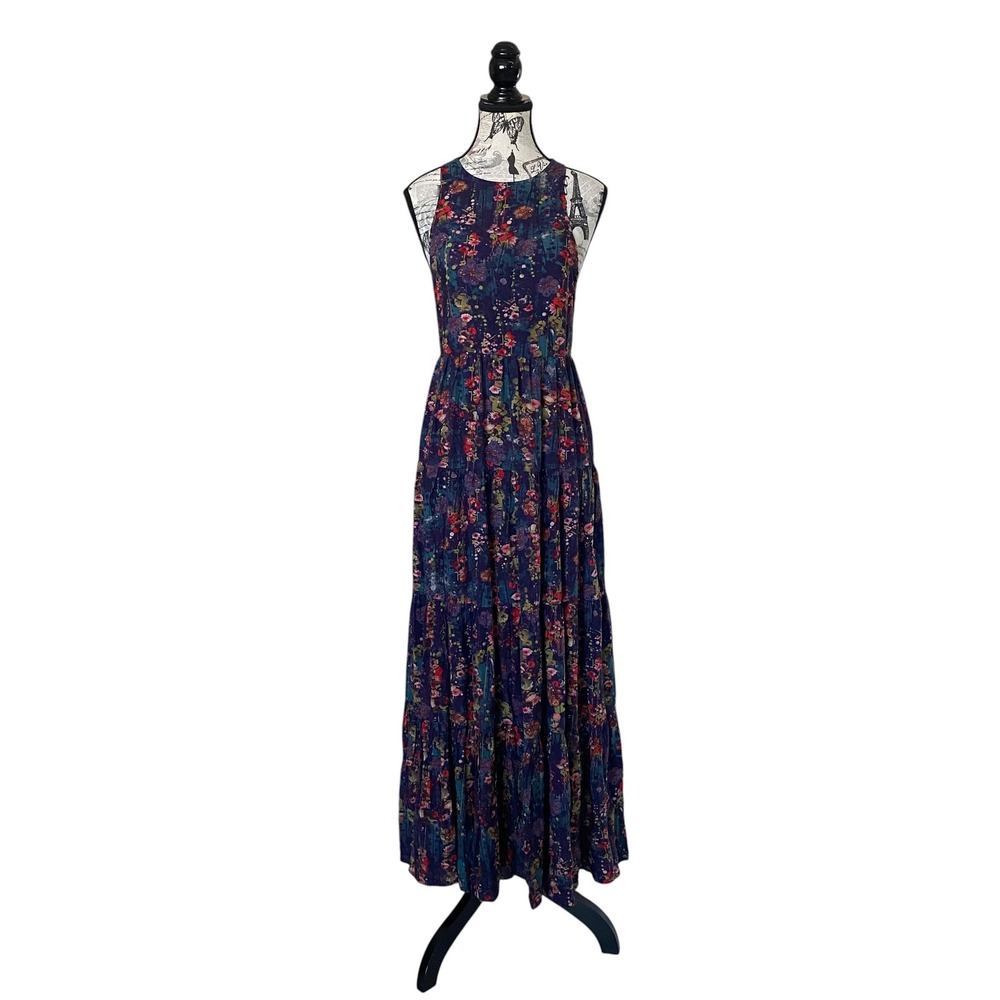 Natural Life Maxi Dress Women XS Navy Floral Tiered Open Tie Back Boho NWT